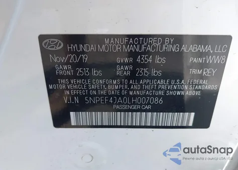 2020 Hyundai Sonata Sel from USA, damaged, VIN 5NPEF4JA0LH007086